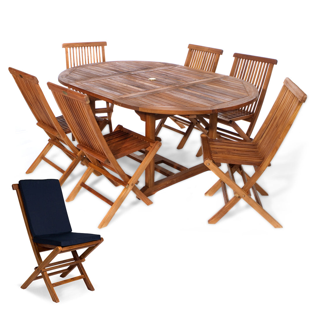 7-Piece Oval Extension Table Folding Chair Set with Blue Cushions TE70-22-B