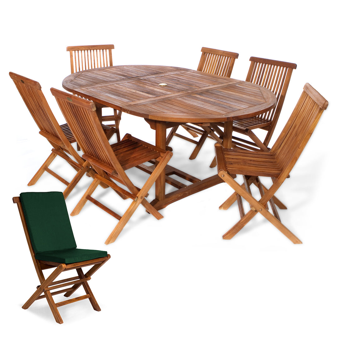 7-Piece Oval Extension Table Folding Chair Set with Green Cushions TE70-22-G