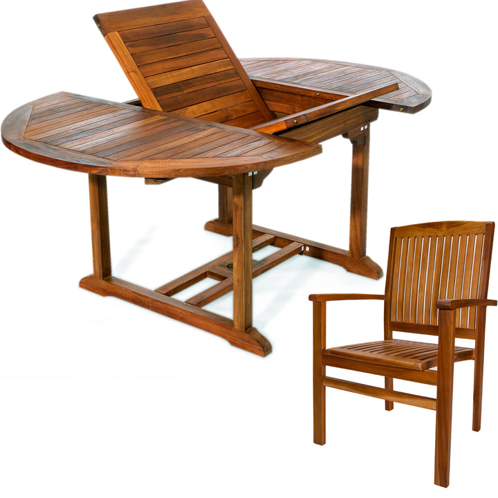 teak oval extension table folding arm chair set