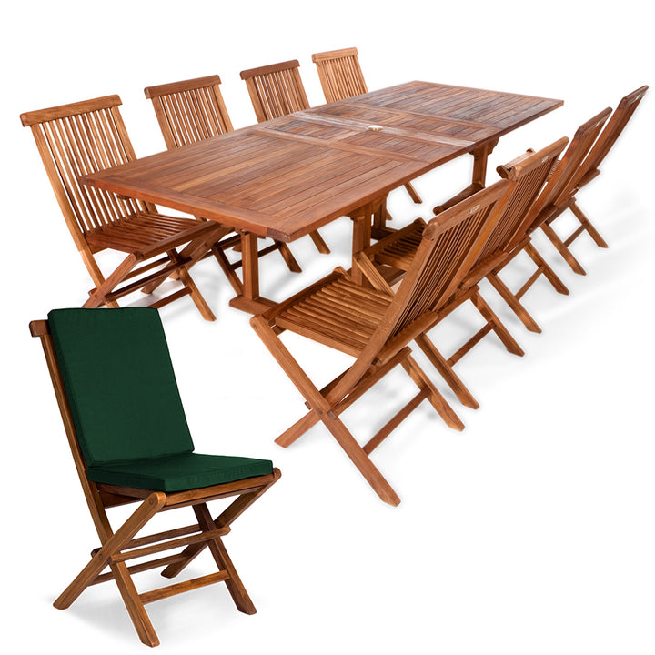 9-Piece Twin Butterfly Leaf Teak Extension Table Folding Chair Set with Green Cushions TE90-22-G
