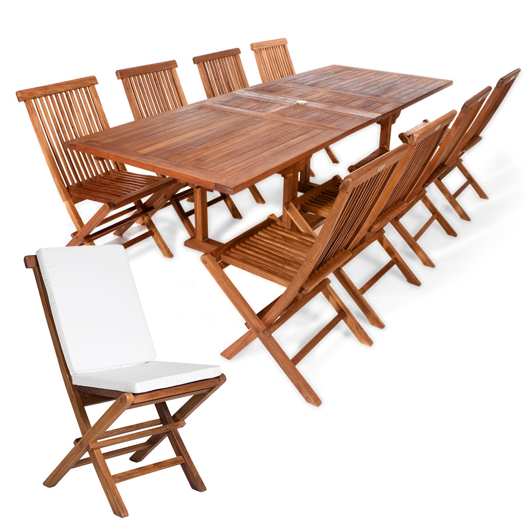 9-Piece Twin Butterfly Leaf Teak Extension Table Folding Chair Set with White Cushions TE90-22-W