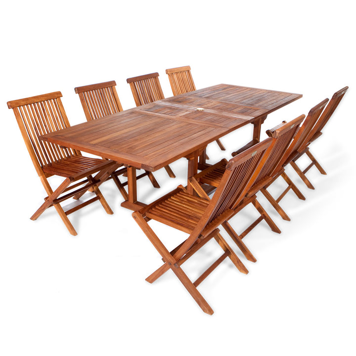All Things Cedar TE90-22 Extension Patio Table & Folding Chair Set - 9-Piece - Teak Furniture Set | (1) Expandable Table, (8) Patio Chairs (72x36x30)