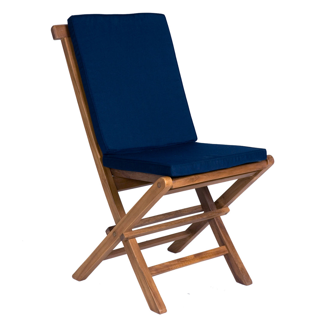 teak folding chair blue cushion