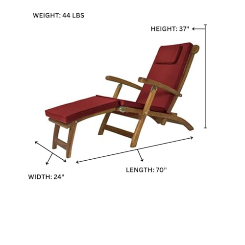 Reclining Chaise Lounge Steamer Teak Foldable Chair - Red Cushions