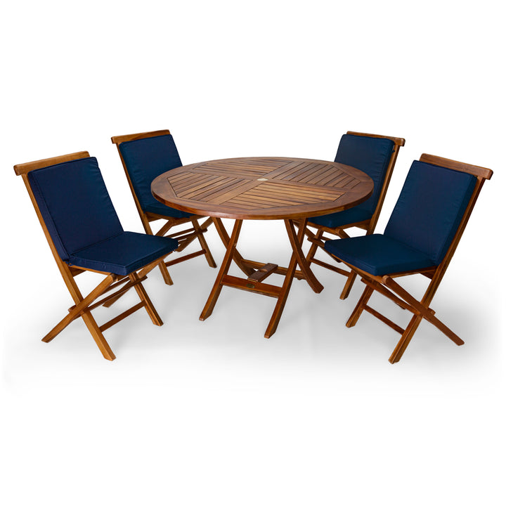 teak round folding table folding chair blue cushions