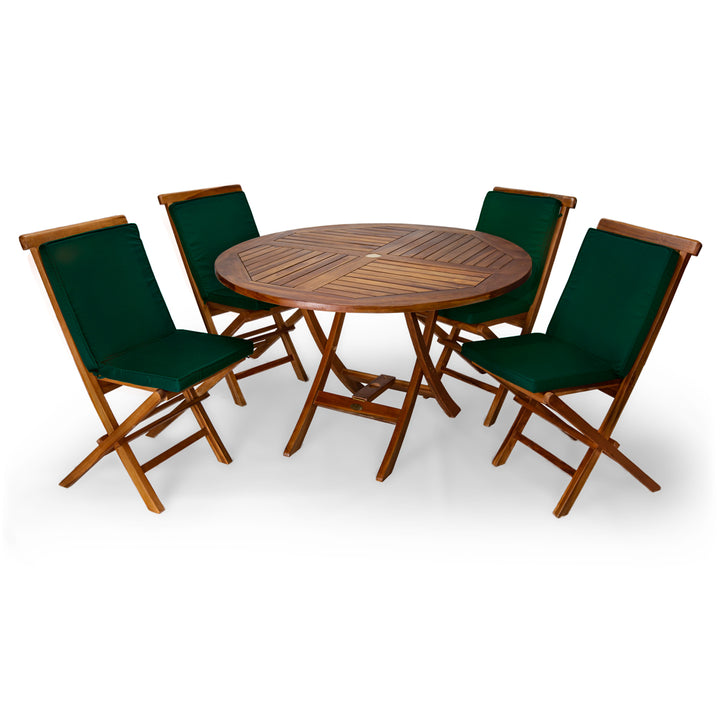 teak round folding table folding chair green cushions