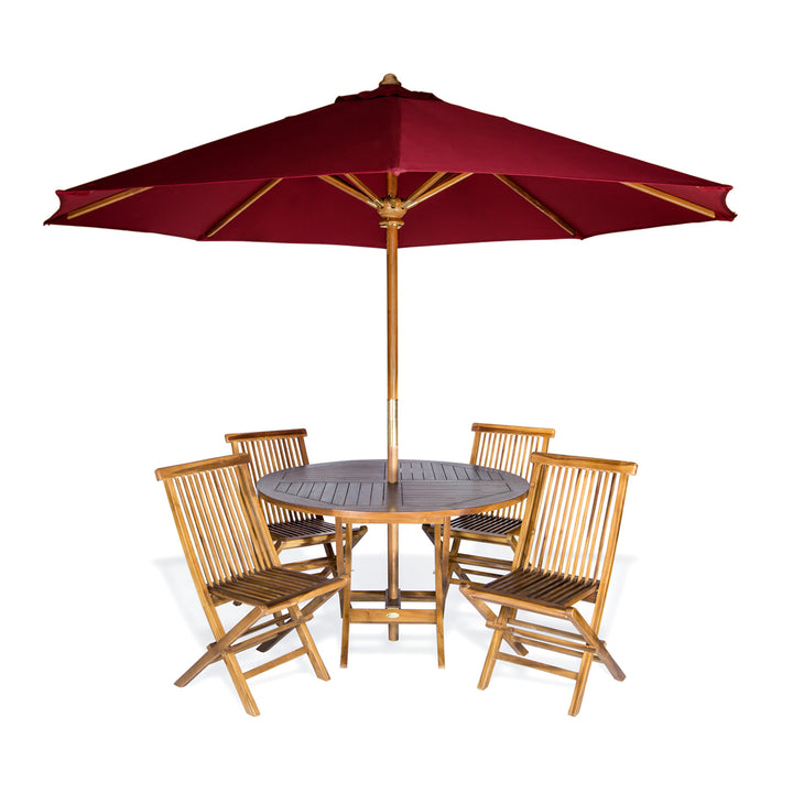 round folding table folding chair teak red umbrella canopy