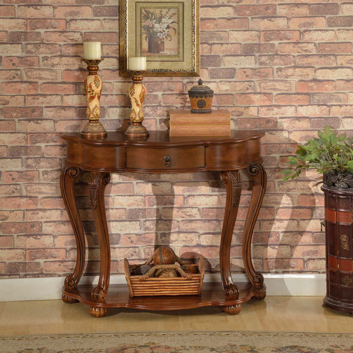 classic accent elegant cherry wood console table interior drawer