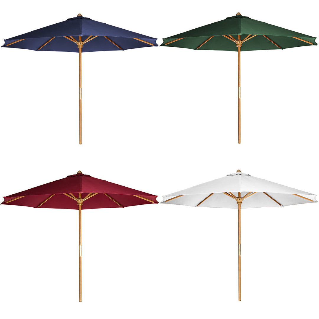 Set of four market umbrellas in blue, green, burgundy, and white, all with wooden poles