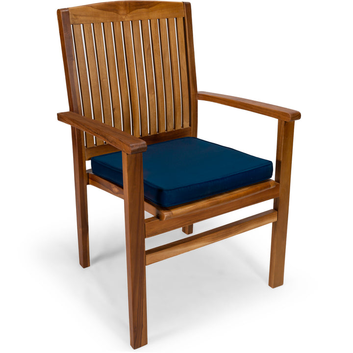 teak folding wooden arm chair blue cushion