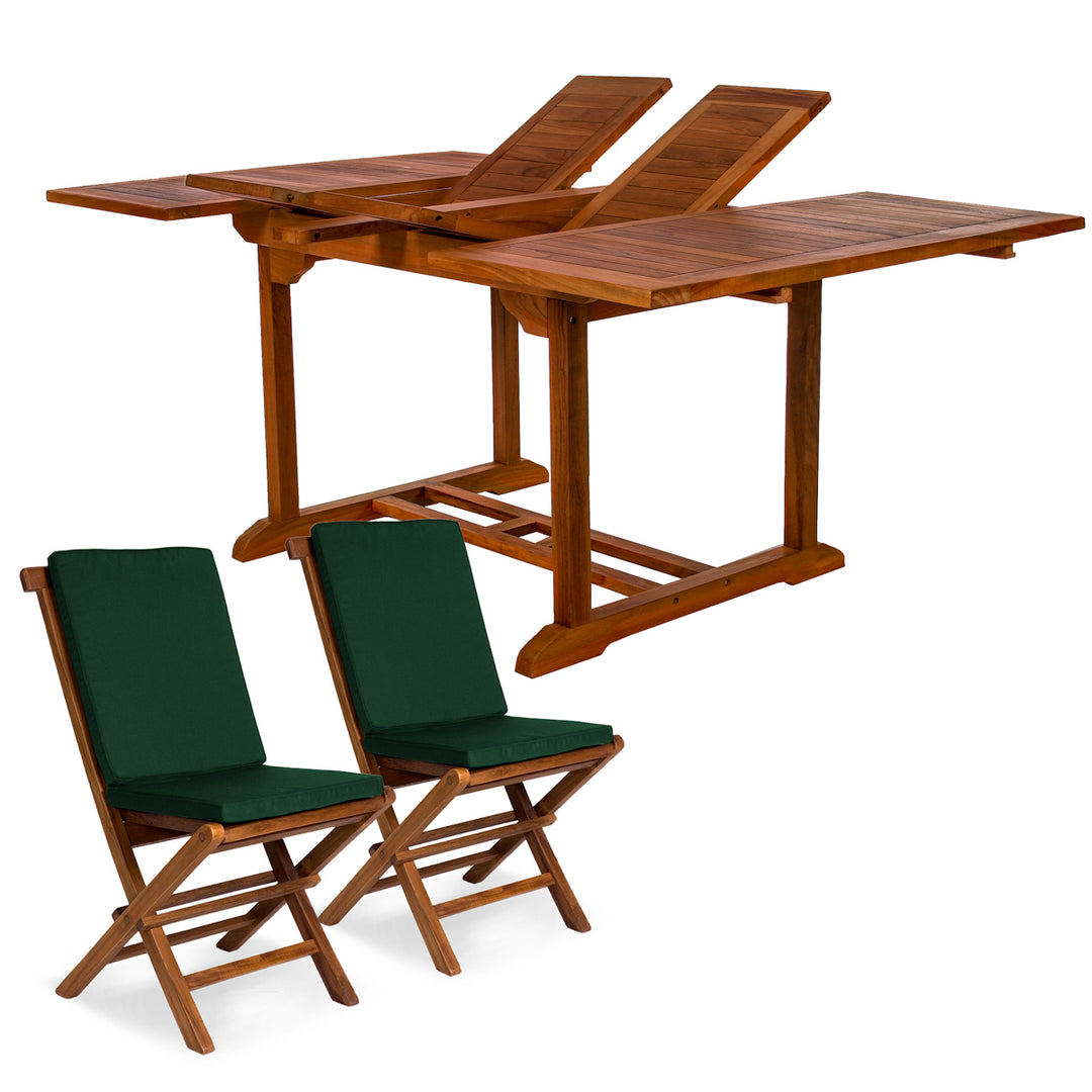  butterfly leaf teak extension expandable table wooden folding chairs set green cushion