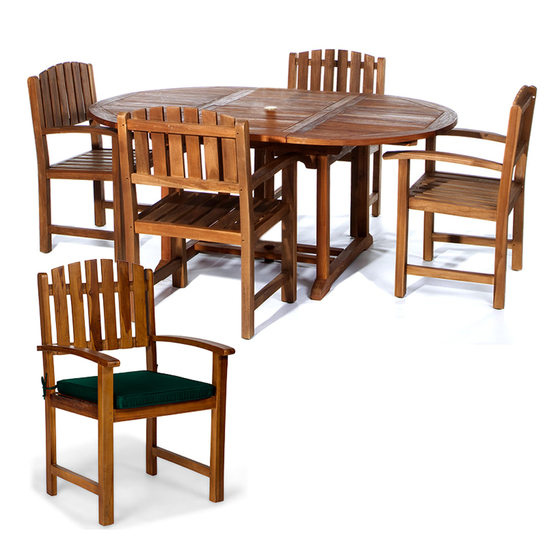 5-Piece Teak Oval Extension Patio - Table and Folding Dining Chairs Set - Green Cushions