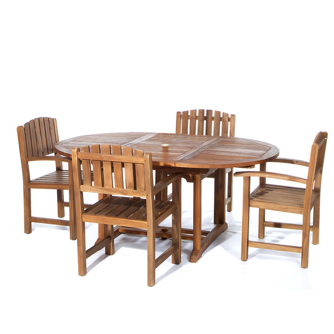 All Things Cedar TE70-20 5-Piece Teak Oval Extension Patio - Table & 4 Folding Chairs Dining Set for Outdoor & Indoor Events | Built In Hide-Away Butterfly Extension Leaf