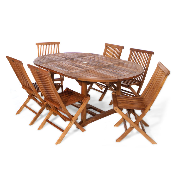 7-Piece Teak Oval Extension Patio Table and Folding Dining Chairs Set