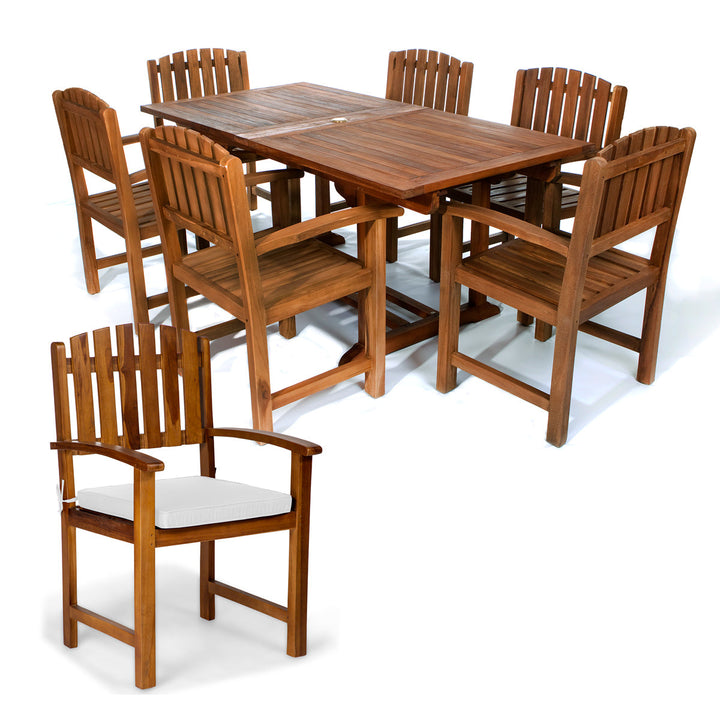 7-Piece Teak Extension Patio Table and Wooden Chairs Dining Set - Green Cushions