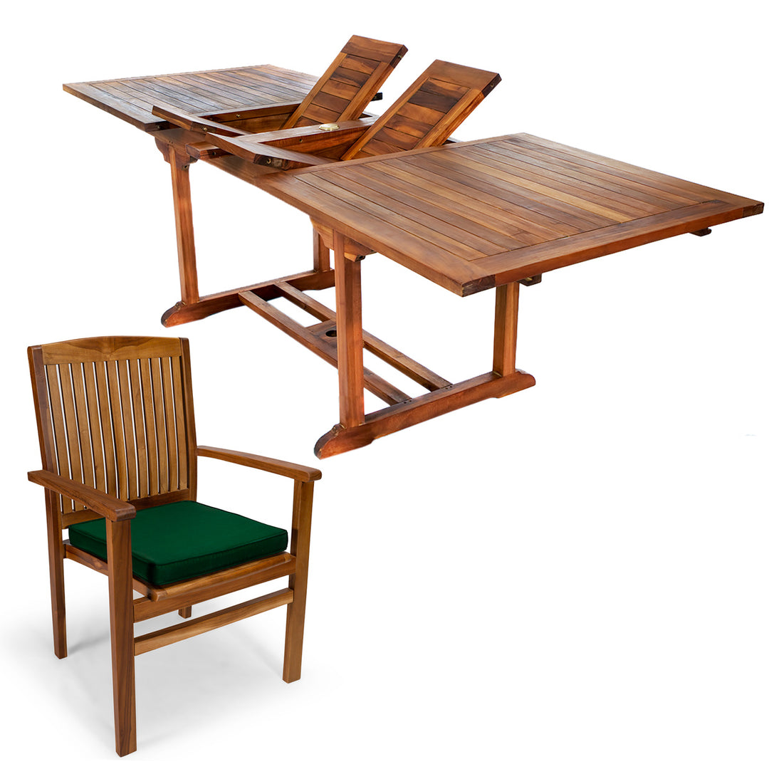 7-Piece Twin Butterfly Leaf Teak Extension Table Stacking Chair Set with Green Cushions TE90-24-G