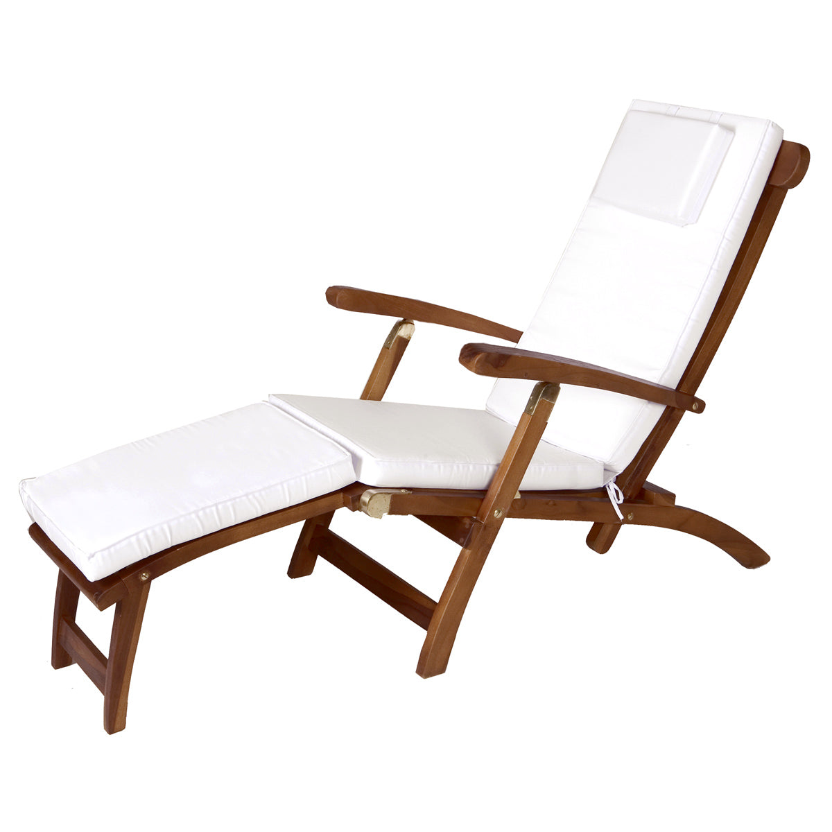 Reclining Chaise Lounge Steamer Teak Foldable Chair White Cushions