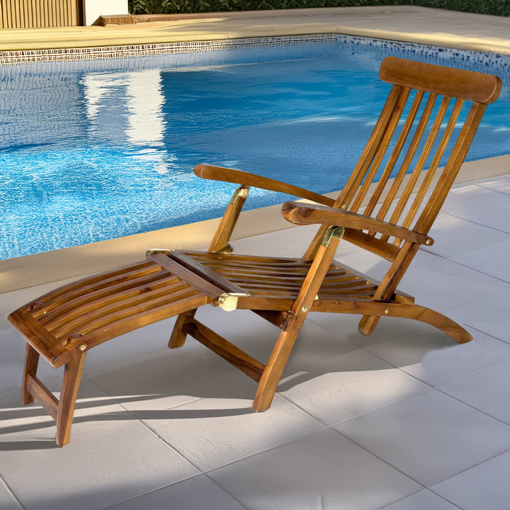 Reclining Chaise Lounge Steamer Teak Foldable Chair