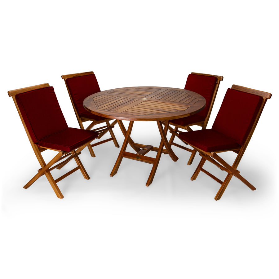 teak round folding table folding chair red cushions